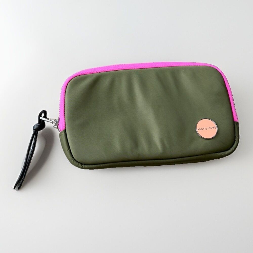 shortyLOVE Jetty Clutch Wallet Army Green Nylon RFID Phone Pouch Pink Trim